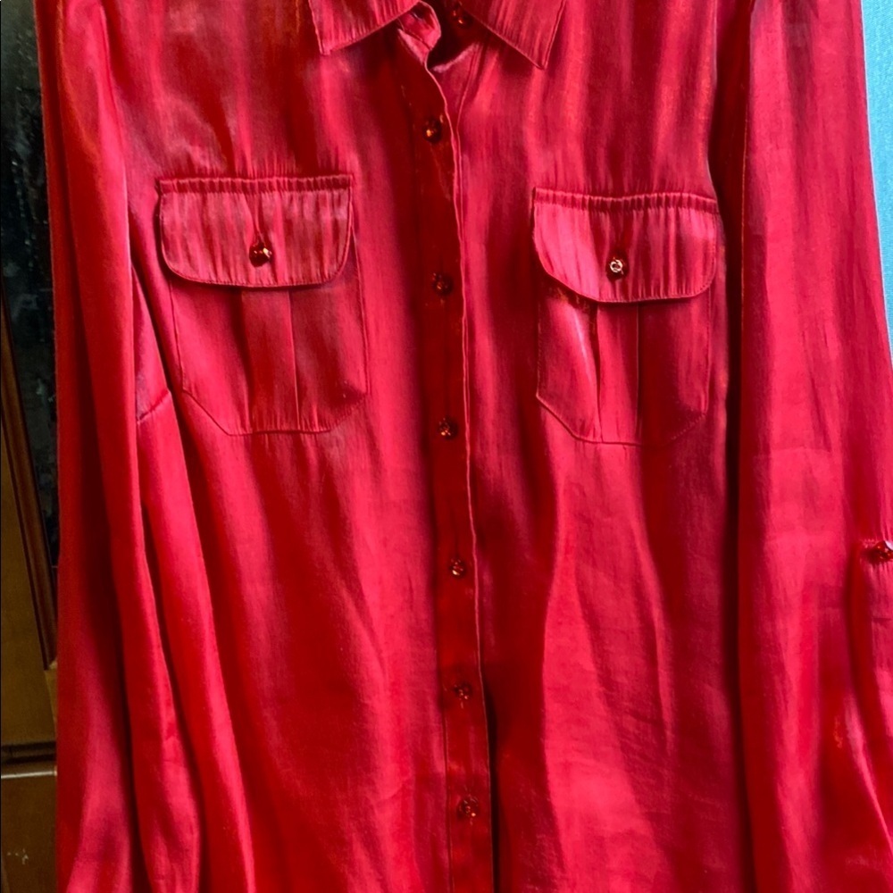 Vibrant Red Button-Up Size Large Blouse Office Career Dressy Date Night Brunch